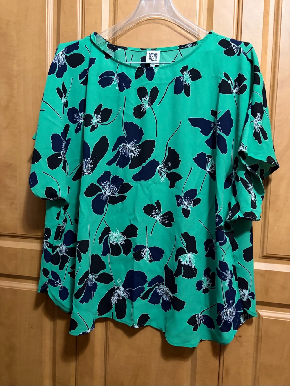 Anne Klein Teal Scoop Neck Blouse with Navy Floral Print